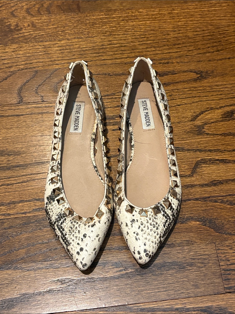 Steve Madden Cream Snake-Print Pointed-Toe Flats with Gold Studs